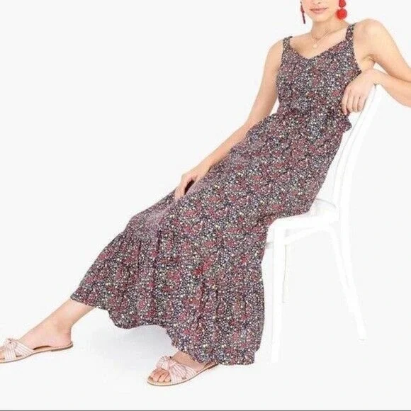 J Crew Women's Printed Floral Tiered Waist Tie Ruffle Maxi Dress Blue Red Sz 12 - Picture 2 of 7